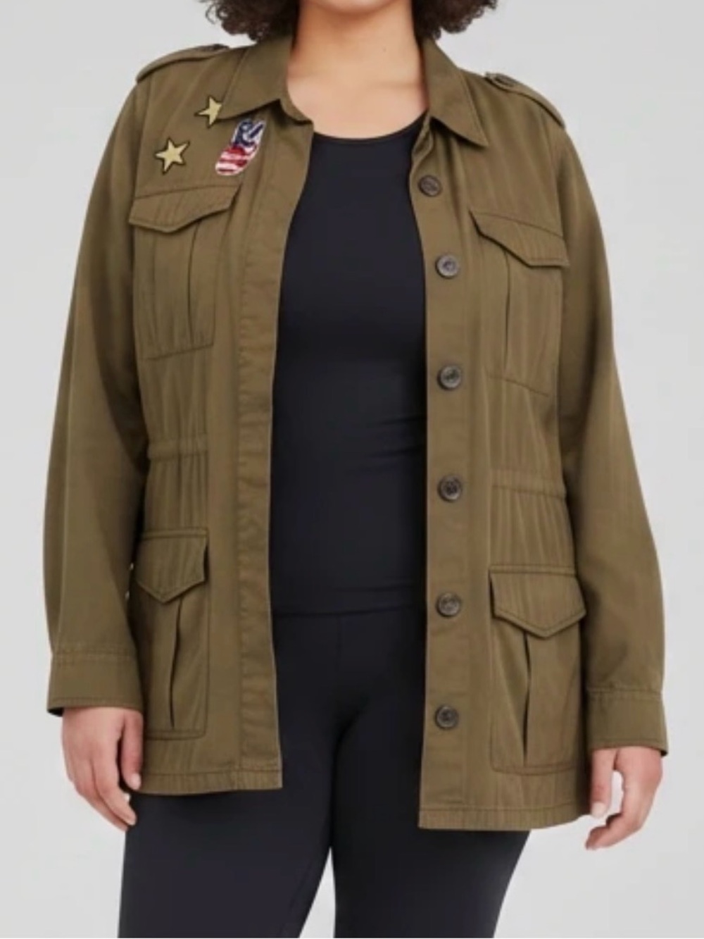 Honey Punch Olive Green Utility Jacket with Patch Details